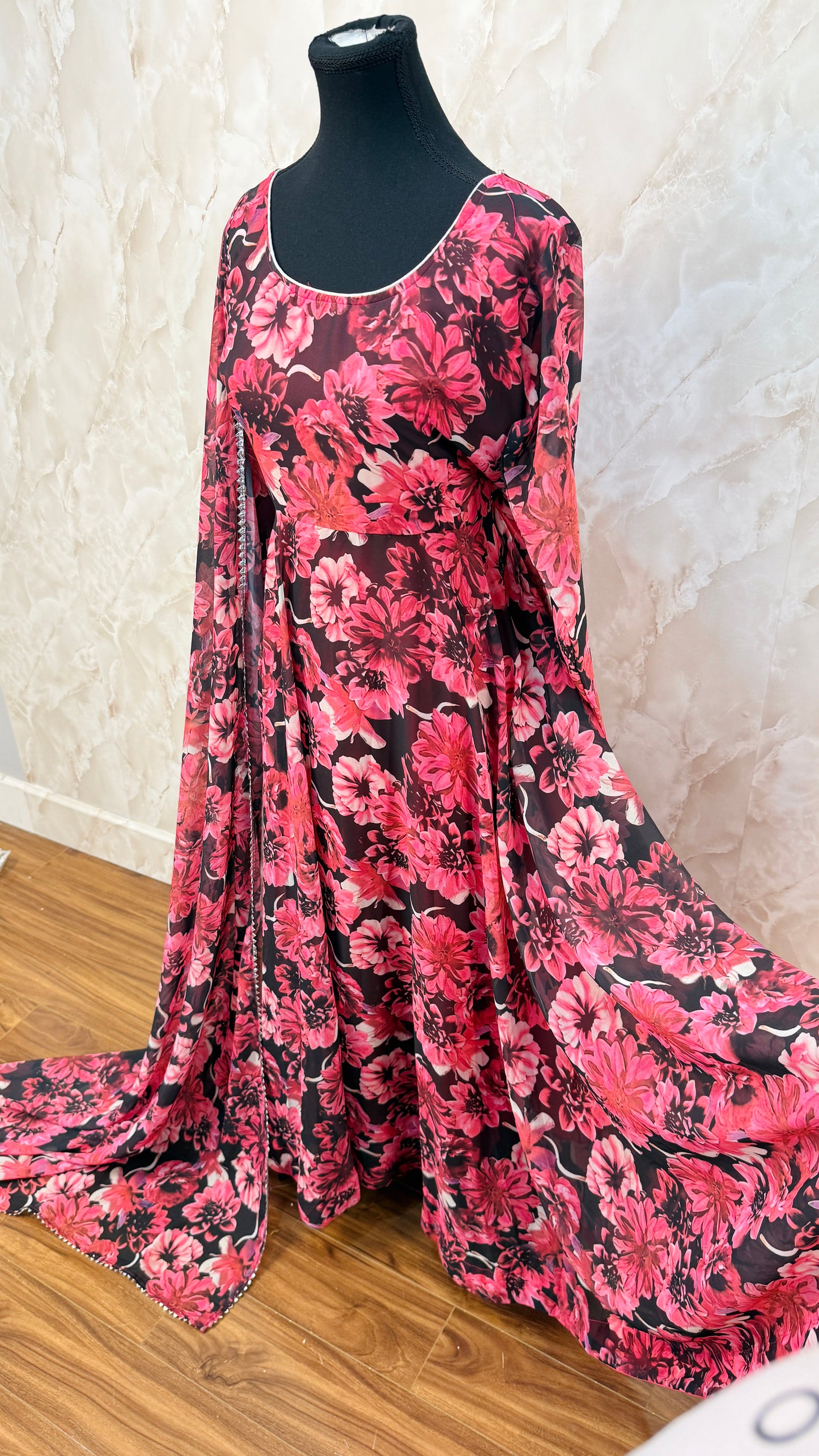Georgette Floral 6-7 metre flair frock with duptta