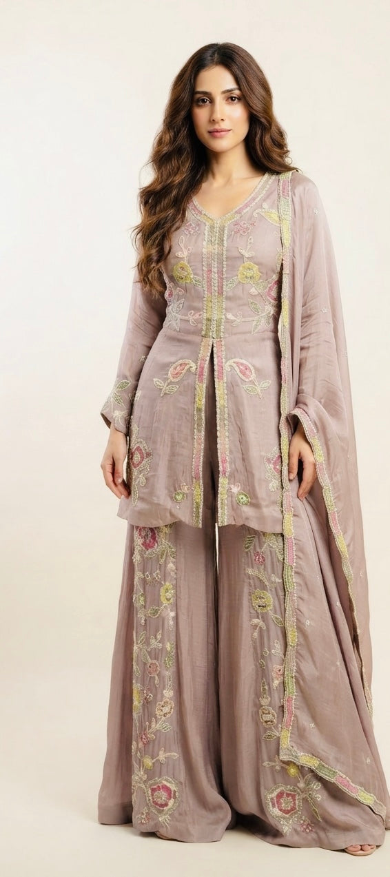 Designer front slit peplum sharara set