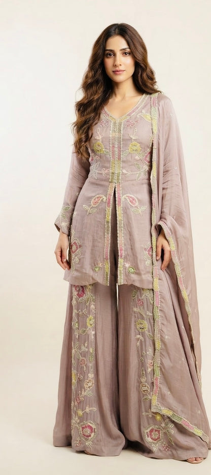 Designer front slit peplum sharara set