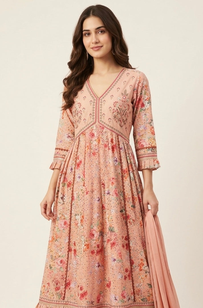 Pure cotton schiffli fabric anarkali suit
