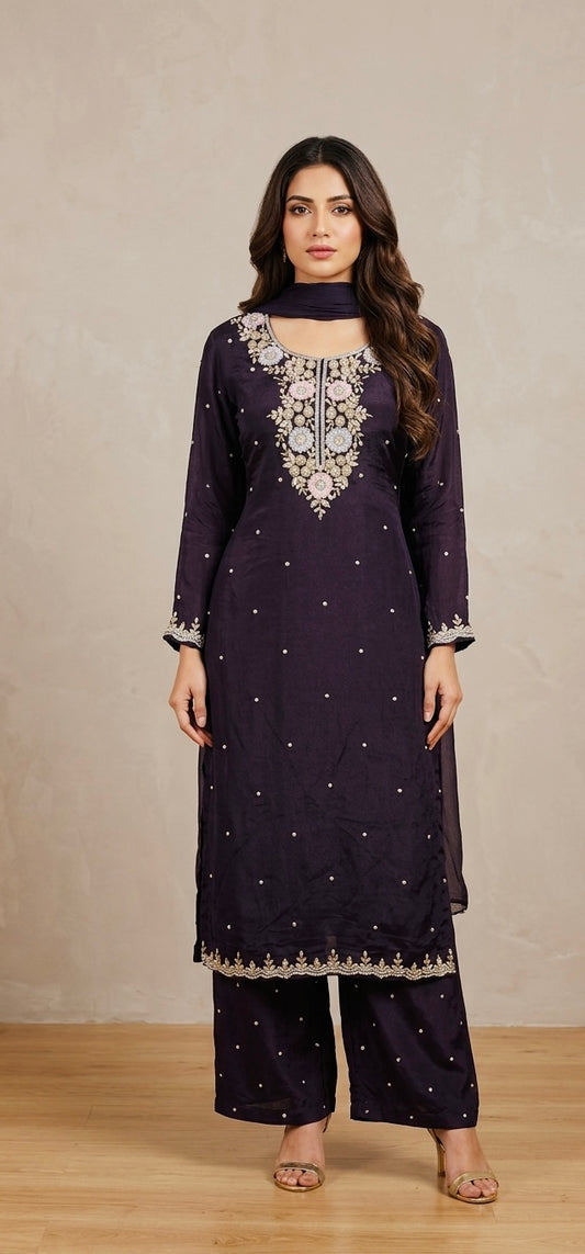 Pure chinnon handwork plazzo suit