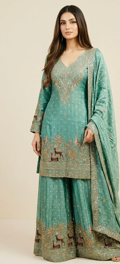 Shimmer silk heavy party wear sharara suit SF475