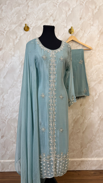 Pure chinnon hand work suit with pants and duptta