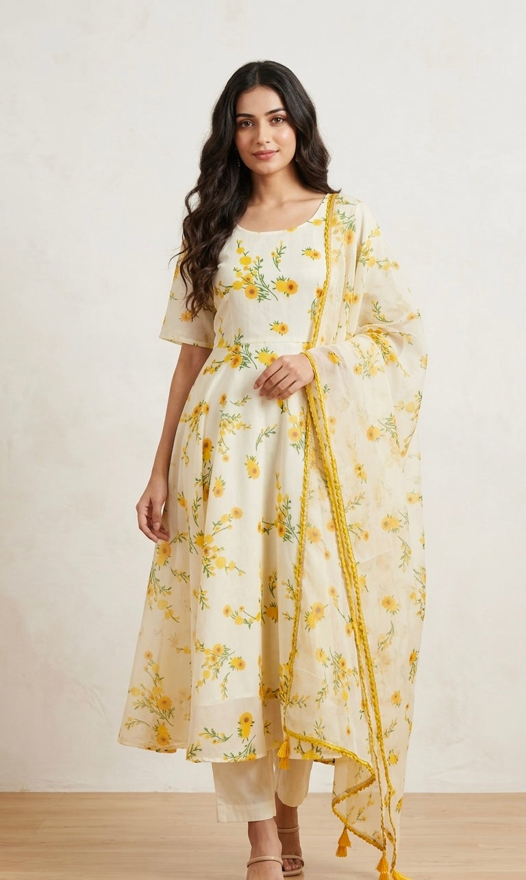 Chanderi silk anarkali with organza duptta and pants