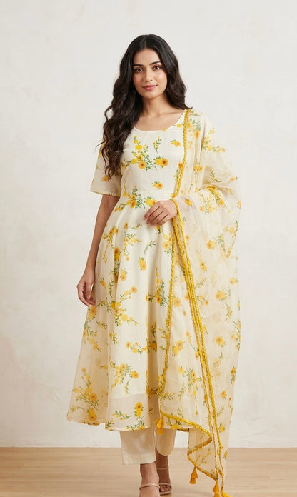 Chanderi silk anarkali with organza duptta and pants