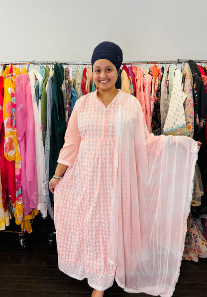 Pure cotton thread woth anarkali with chiffon duptta