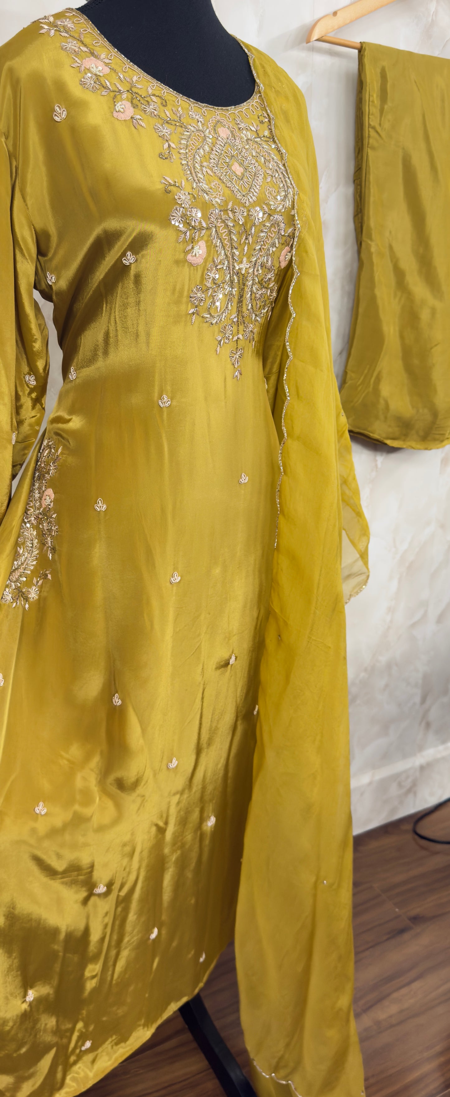 Pure crepe A-line suit with pure organza duptta
