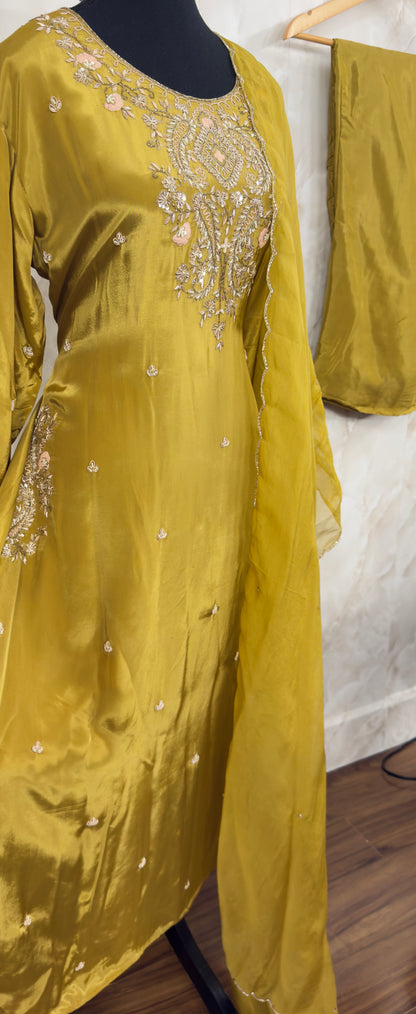 Pure crepe A-line suit with pure organza duptta