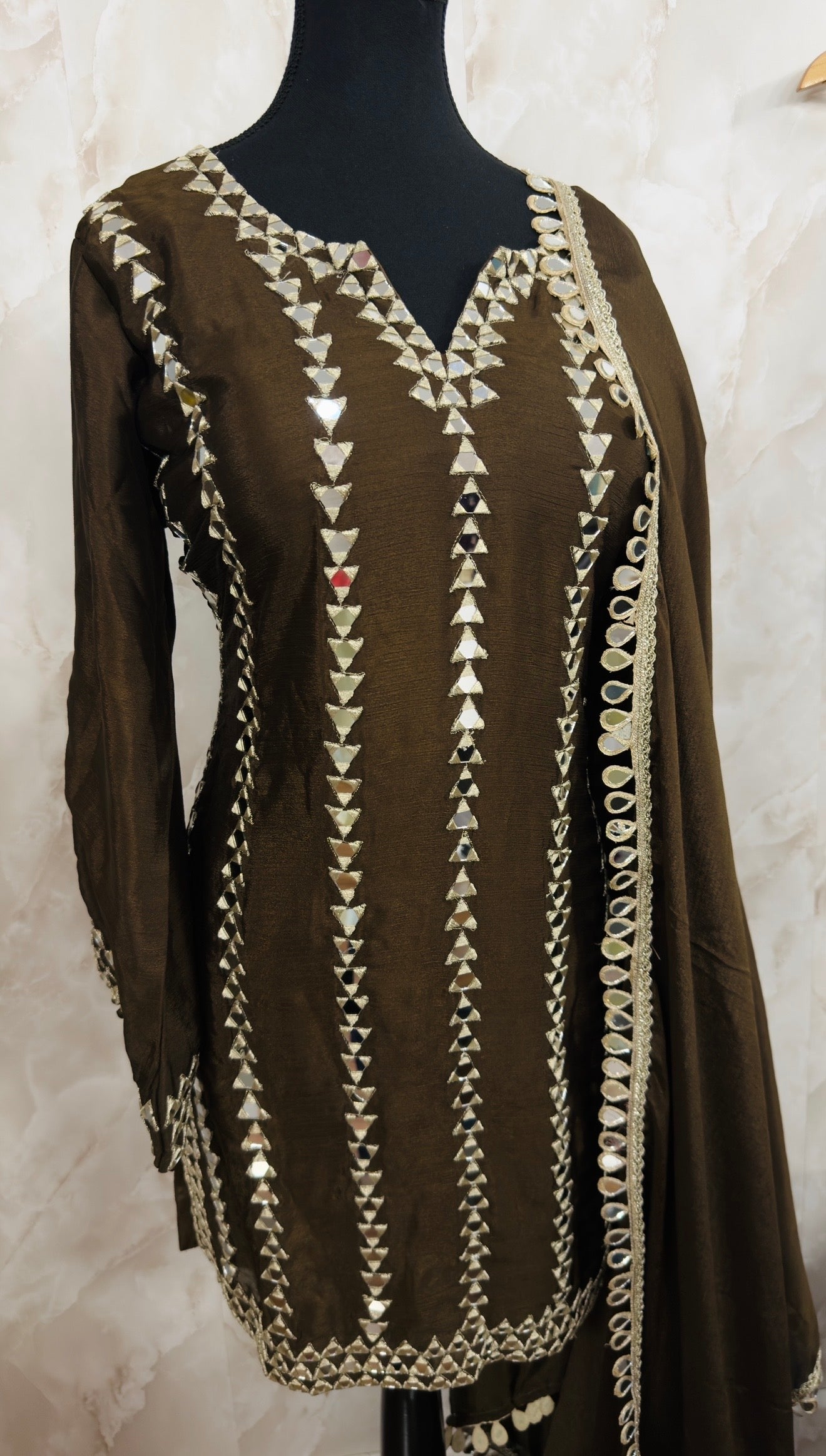 Chinnon mirror work farshi salwar suit