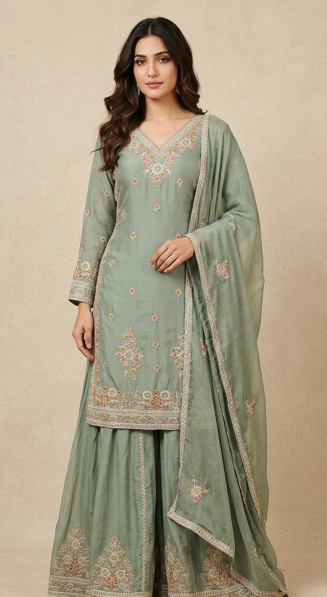 Pure chinnon sharara suit