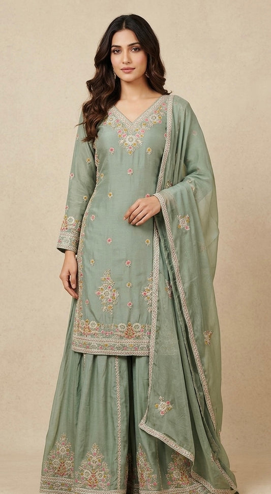 Pure chinnon sharara suit