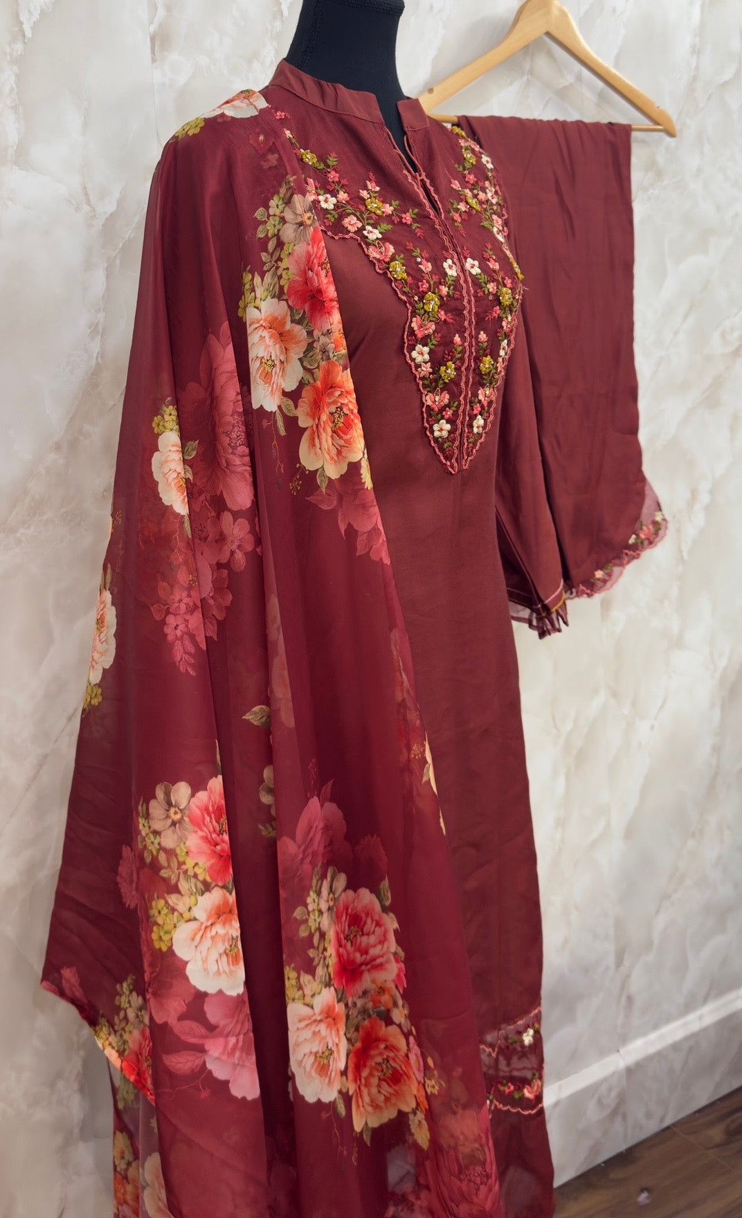 A-line thread work suit with printed duptta