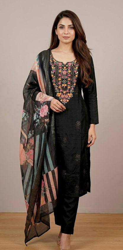 Black suit with printed duptta