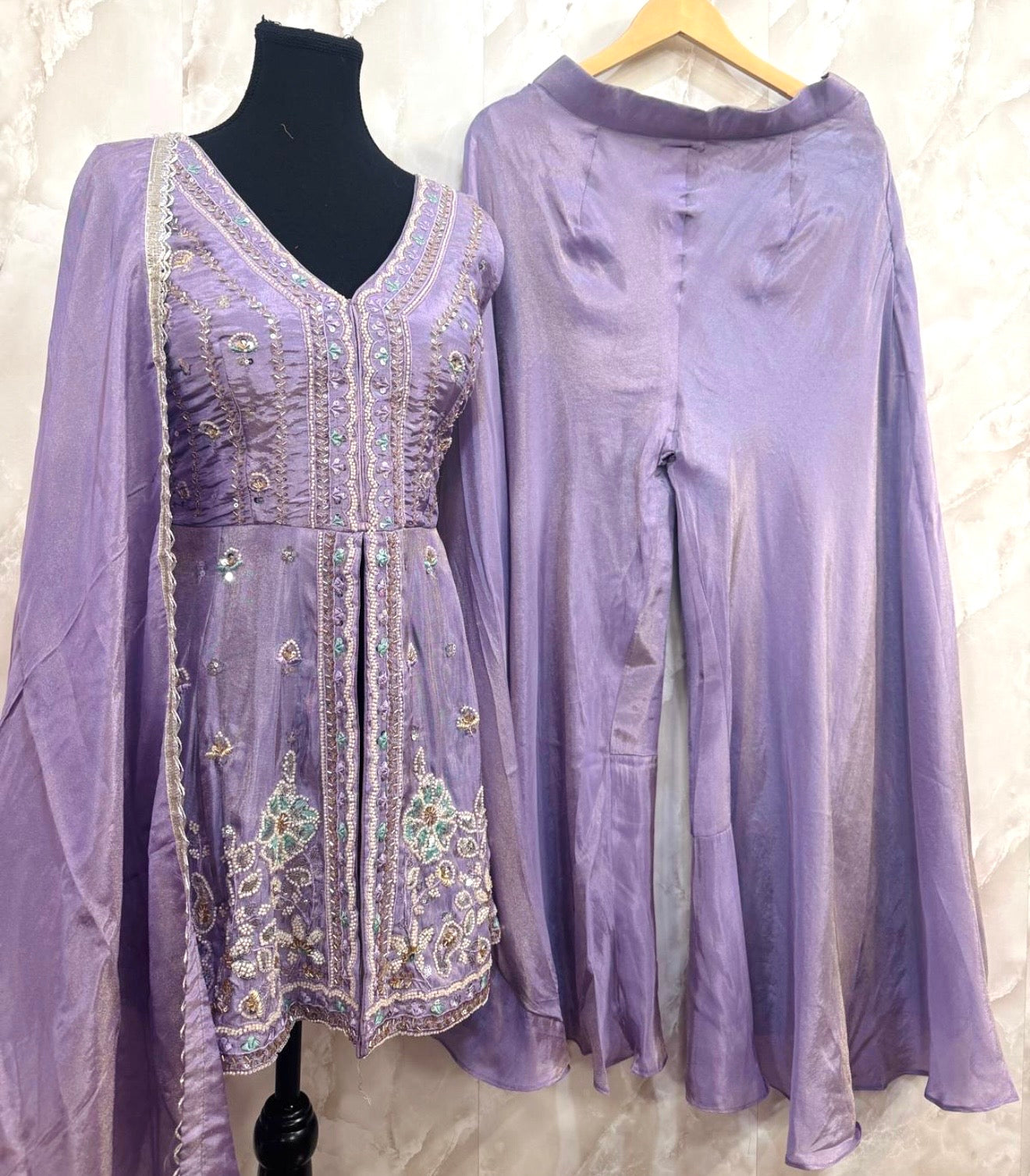 Shimmer silk peplum style sharara suit SF525