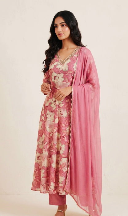 Muslin anarkali suit with pants and duptta