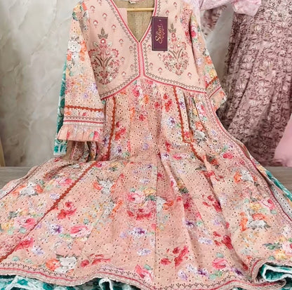 Pure cotton schiffli fabric anarkali suit