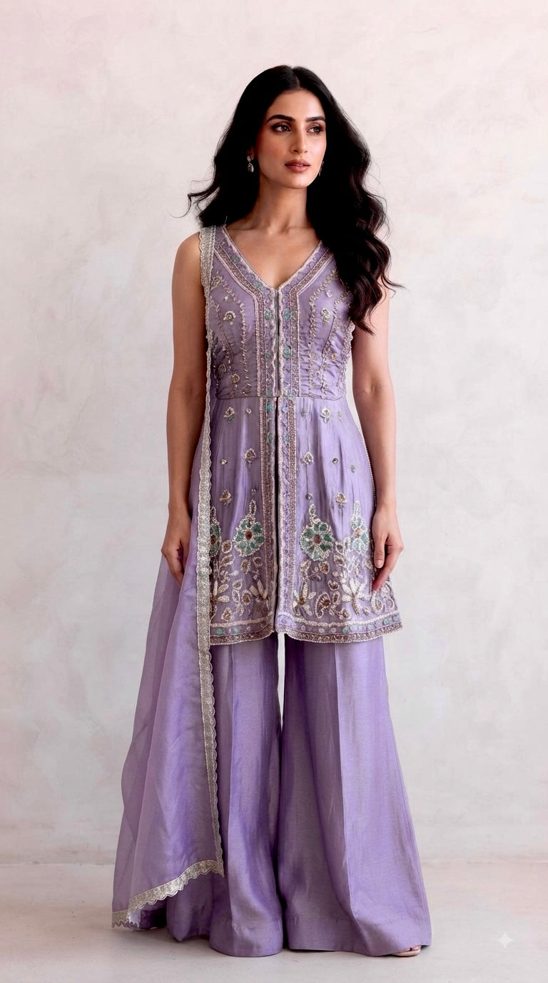 Shimmer silk peplum style sharara suit SF525