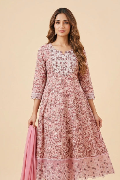 Rayon cotton anarkali suit with chiffon duptta