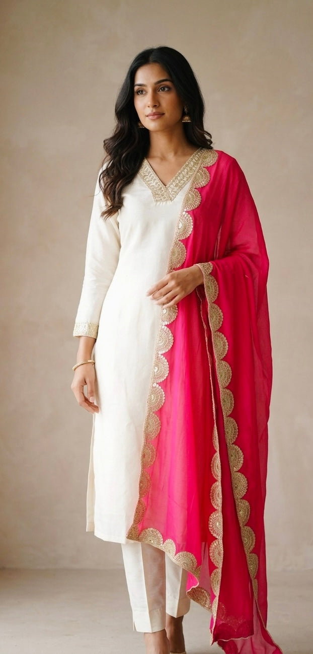 Off white suit with hot pink duppta