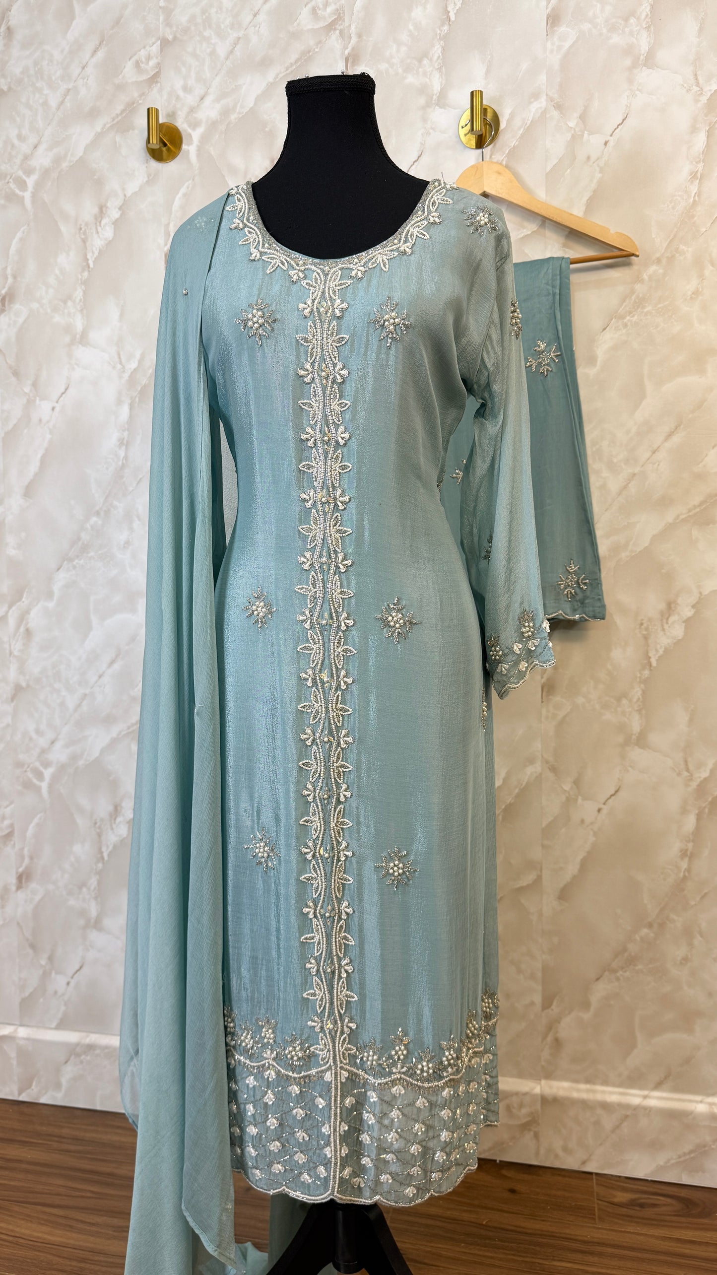 Pure chinnon hand work suit with pants and duptta