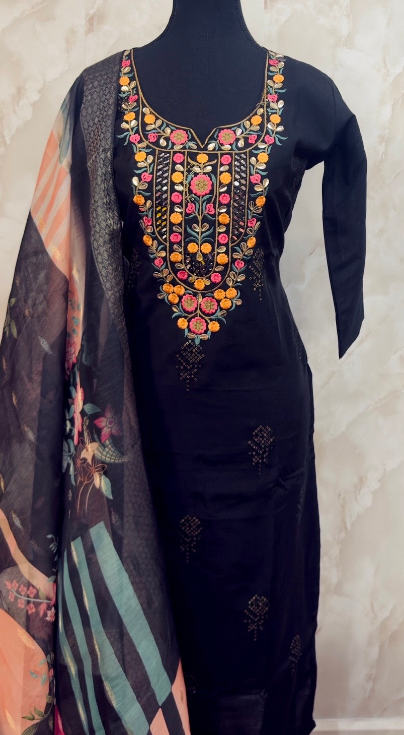Black suit with printed duptta