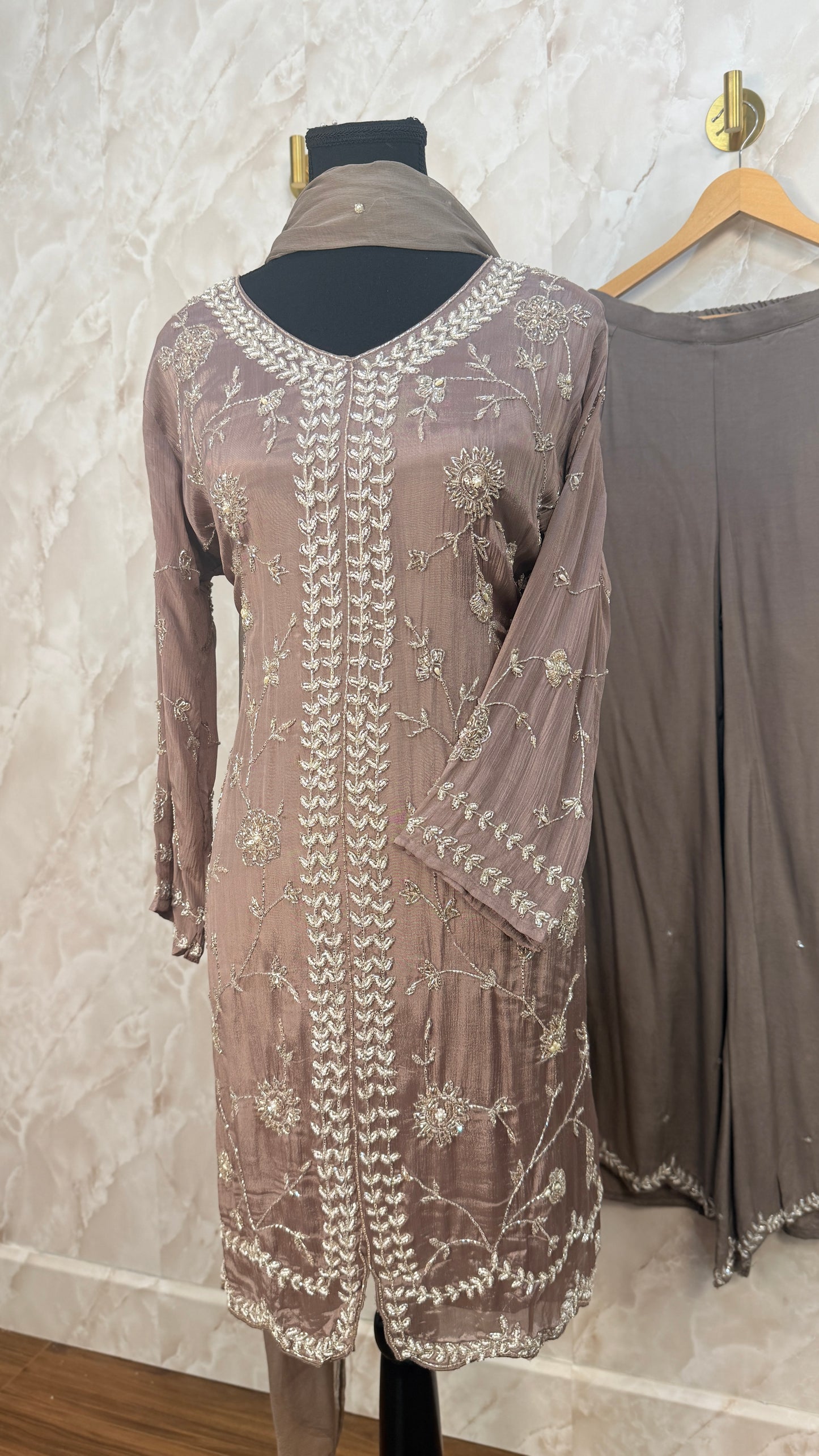 Pure chinnon hand work suit with plazzo and duptta