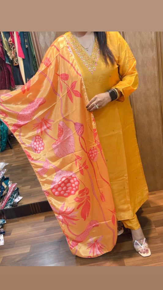 Plain suit with printed duptta