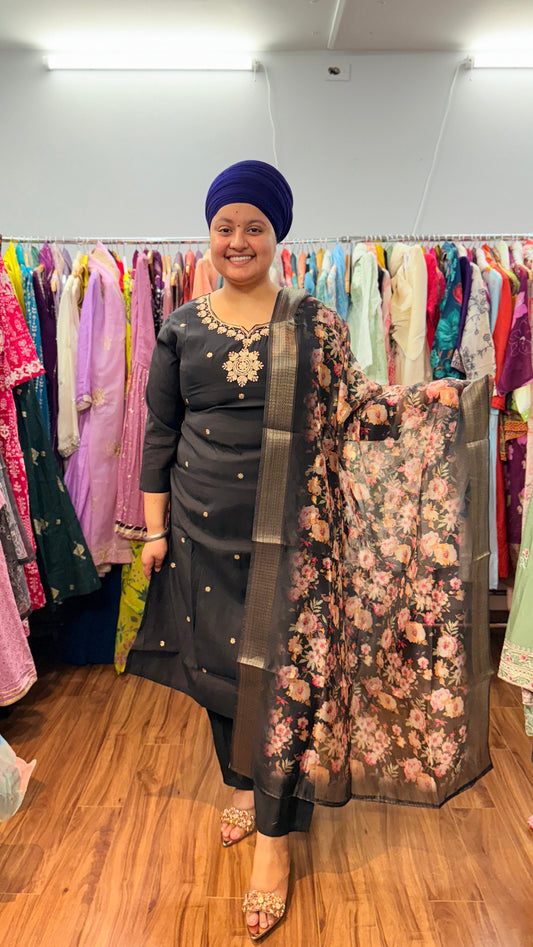 Black suit with printed duptta