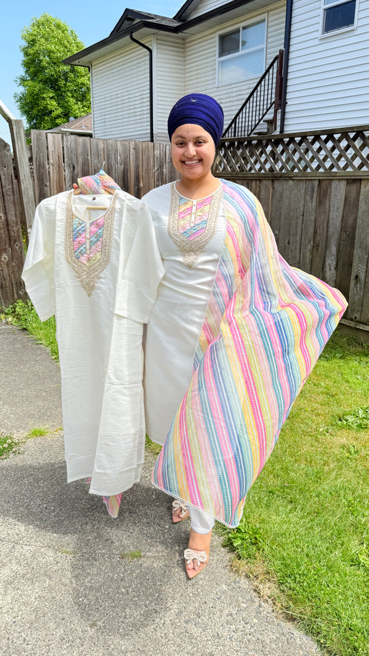 White suit with printed duptta