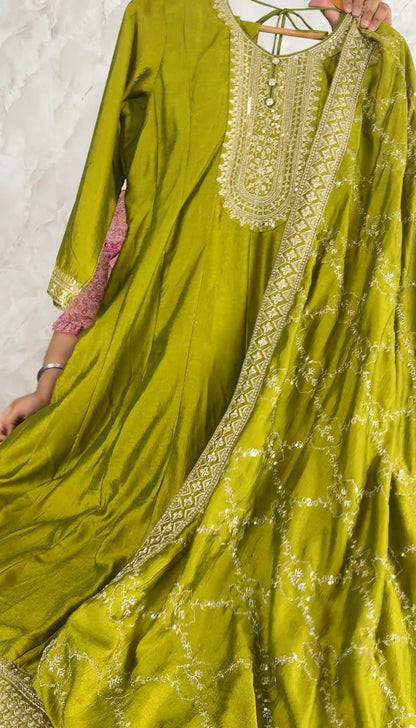 Anarkali suit with pants and embroidered duptta