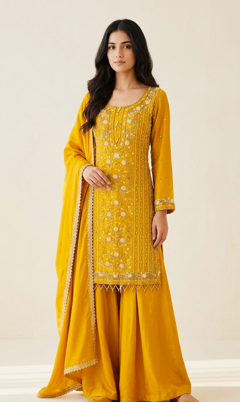 Chinnon hand and stone work sharara suit