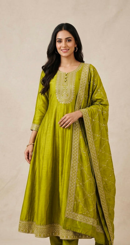 Anarkali suit with pants and embroidered duptta