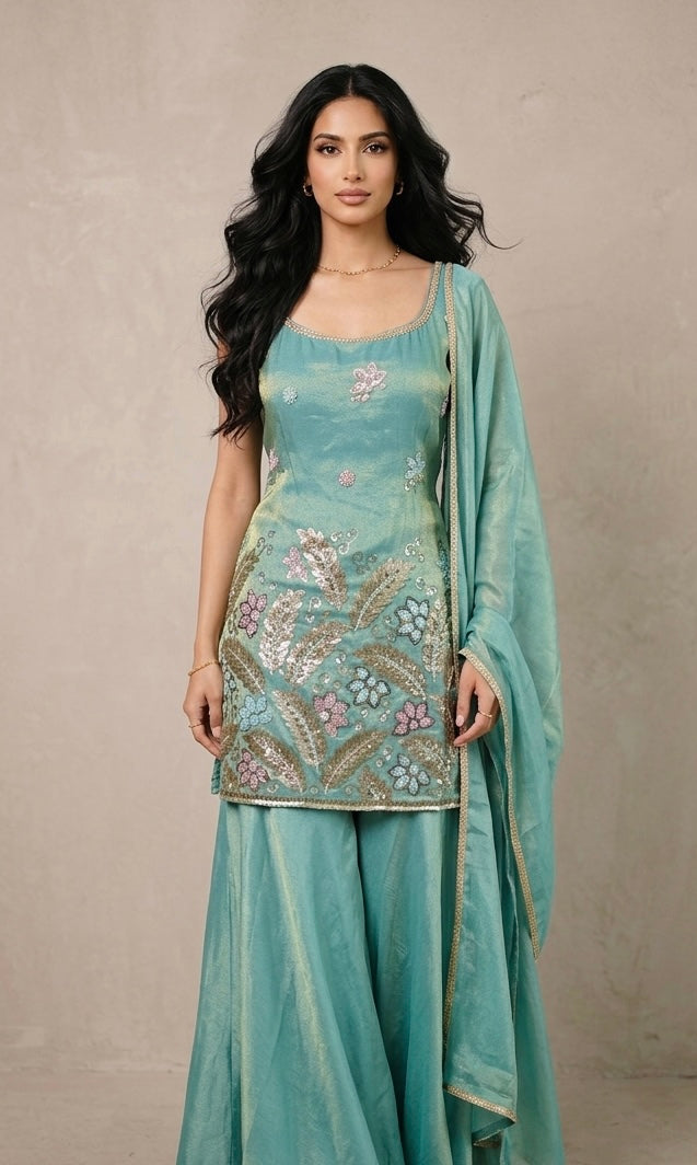 Shimmer silk sharara suit