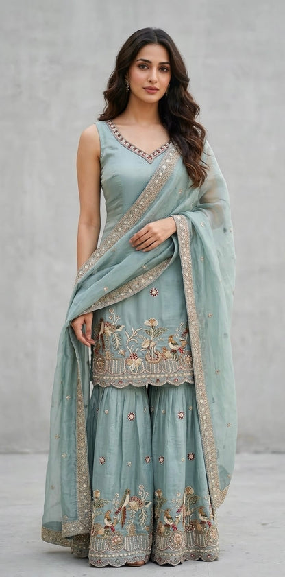 Shimmer silk sharara suit SF626