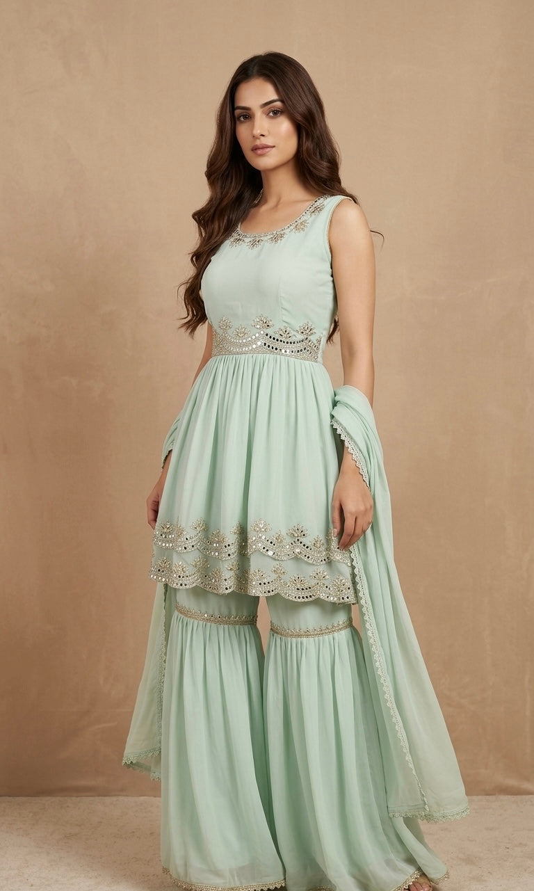 Georgette peplum style mirror work garara suit