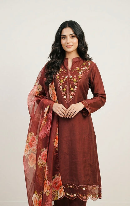 A-line thread work suit with printed duptta