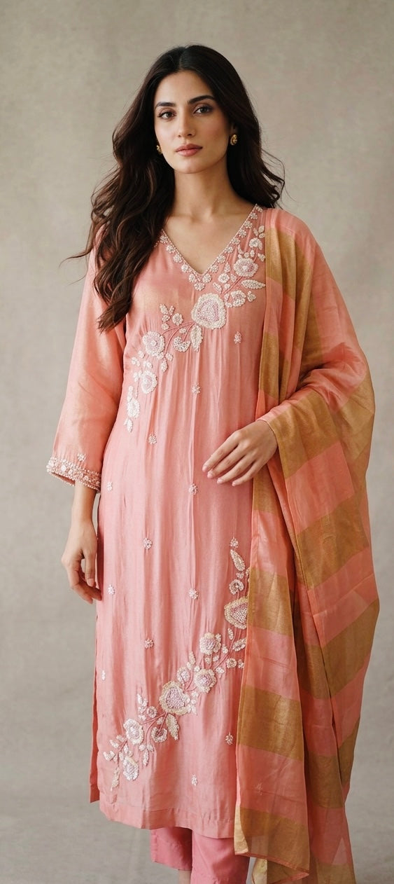 Shimmer silk pant suit with handwork