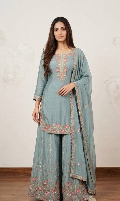 Chinnon thread embroidered sharara suit