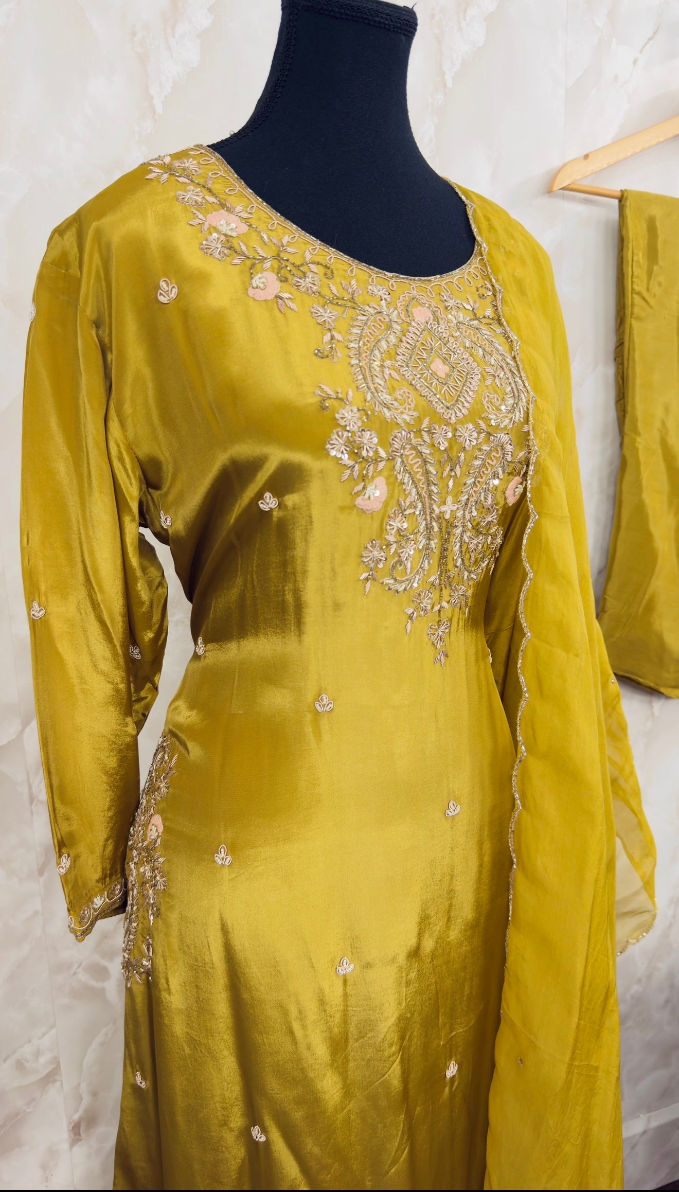 Pure crepe A-line suit with pure organza duptta