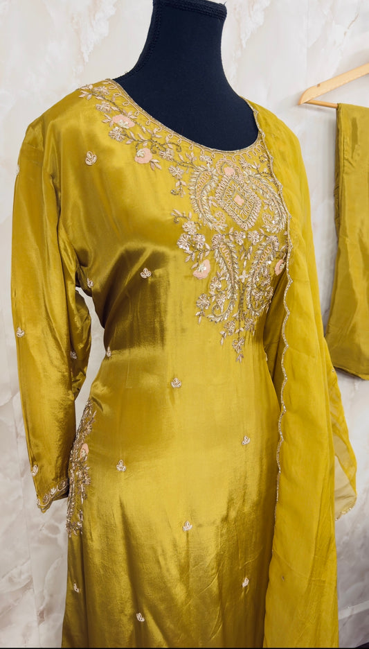 Pure crepe A-line suit with pure organza duptta