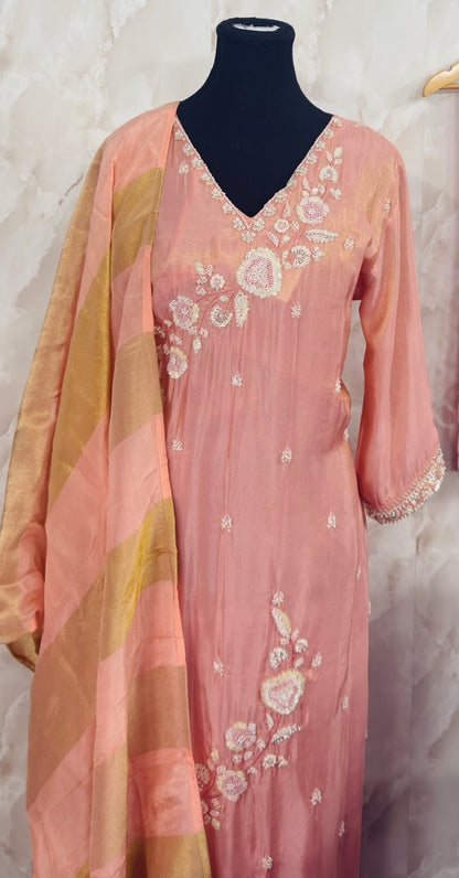 Shimmer silk pant suit with handwork