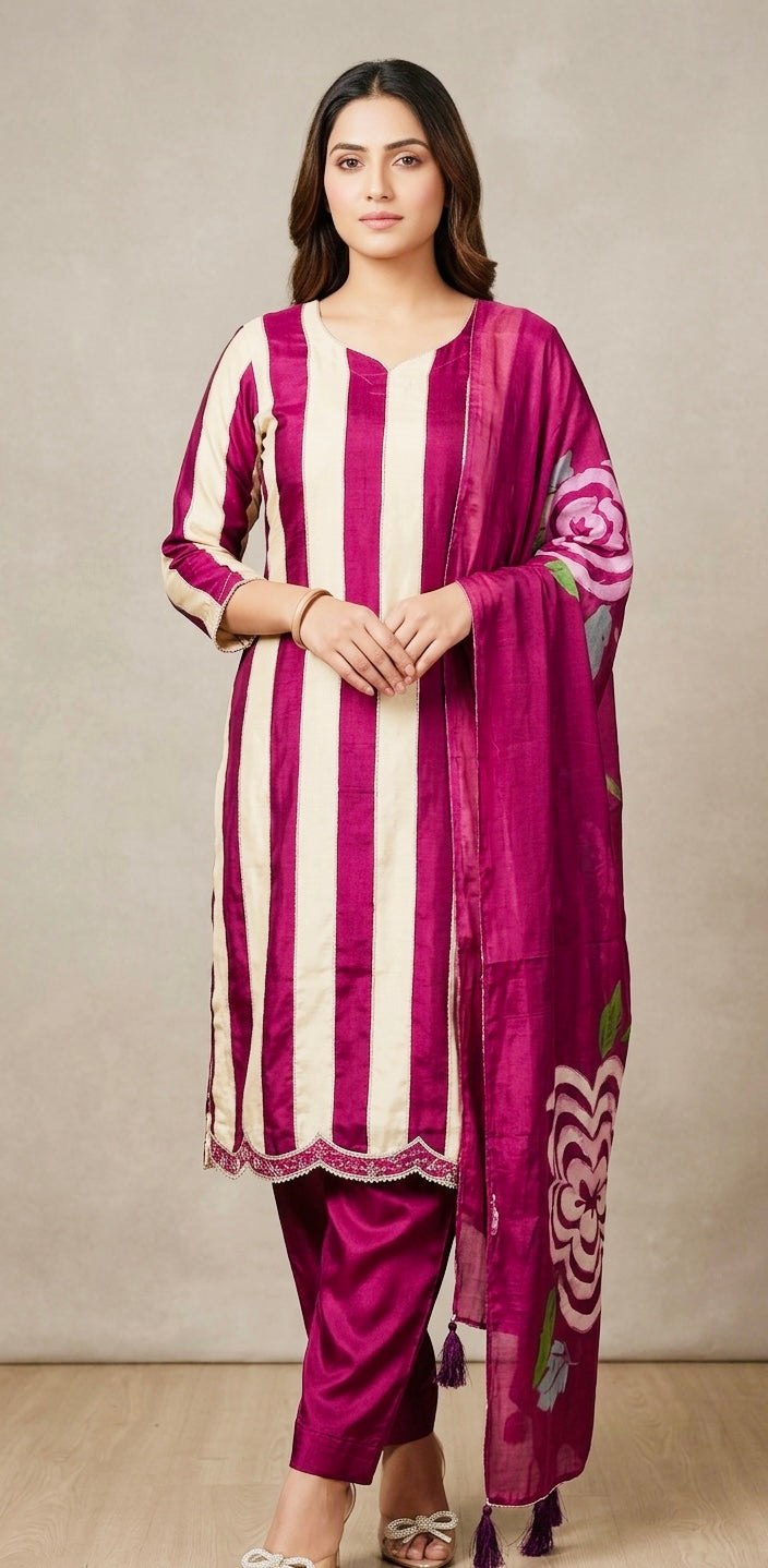 Silk salwar suit with sequins work and hand painted duptta