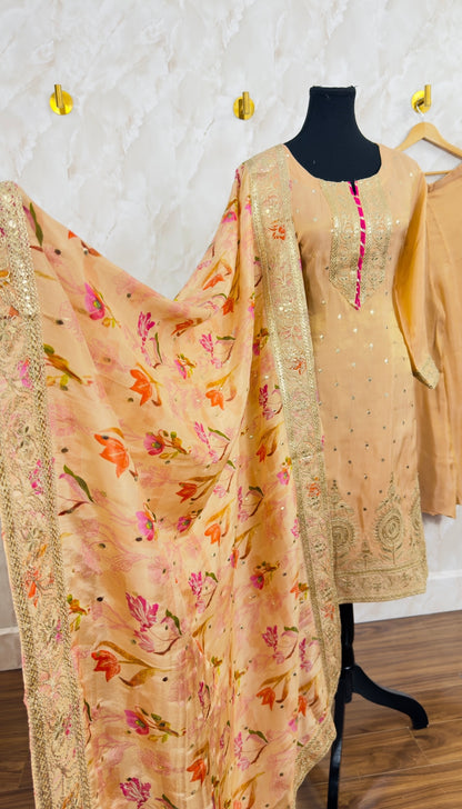 Shimmer silk designer duptta plazzo suit